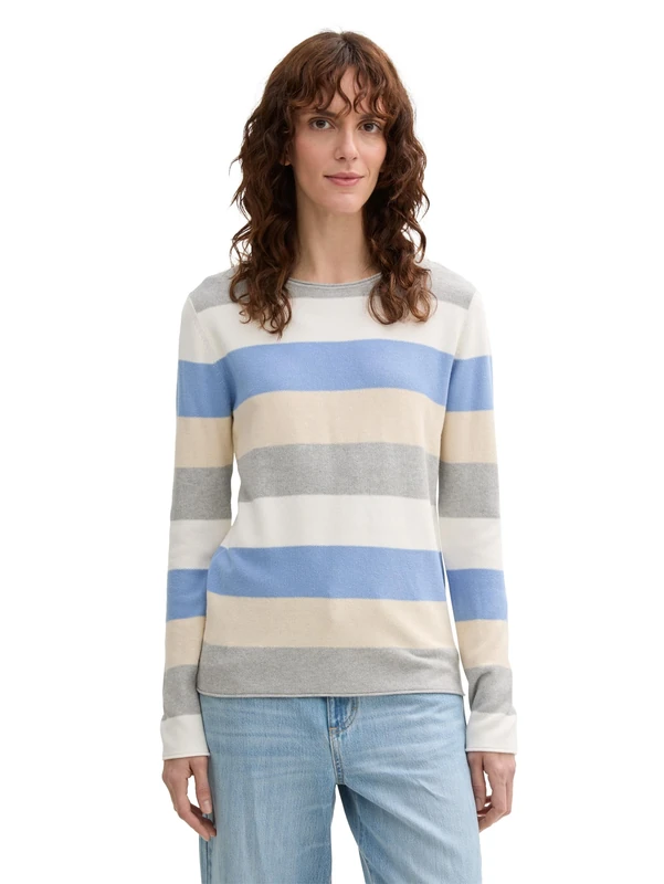 TOM TAILOR Women's 1042952 Pullover Sweater, 37224-Beige Blue Block Stripe, S