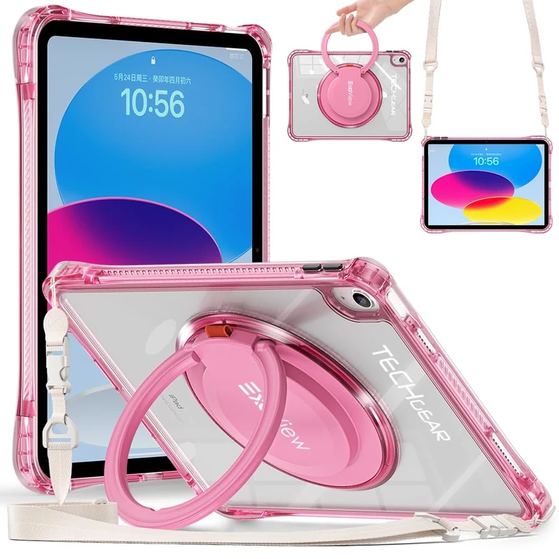 TECHGEAR ExoView Pink Case for iPad 11" A16 (11th Gen 2025) & 10.9" (10th Gen 2022), Slim Shockproof Stand Case Clear, Ring Grip, Shoulder Strap, Soft Grip Edges, Fun & Functional for Girls & School