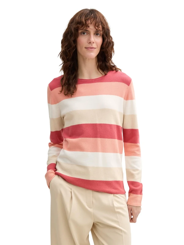 TOM TAILOR Women's 1042952 Pullover Sweater, 37227-Red Apricot Block Stripe, XXXL