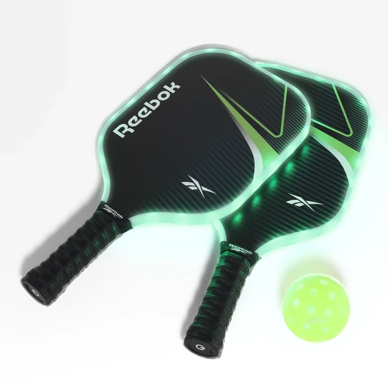 Reebok - LED Pickleball Set for 2 Players, includes 2 Fiberglass Paddles with 5" Cushion Grip and 2 Light-Up Balls, Perfect for Night Time Play
