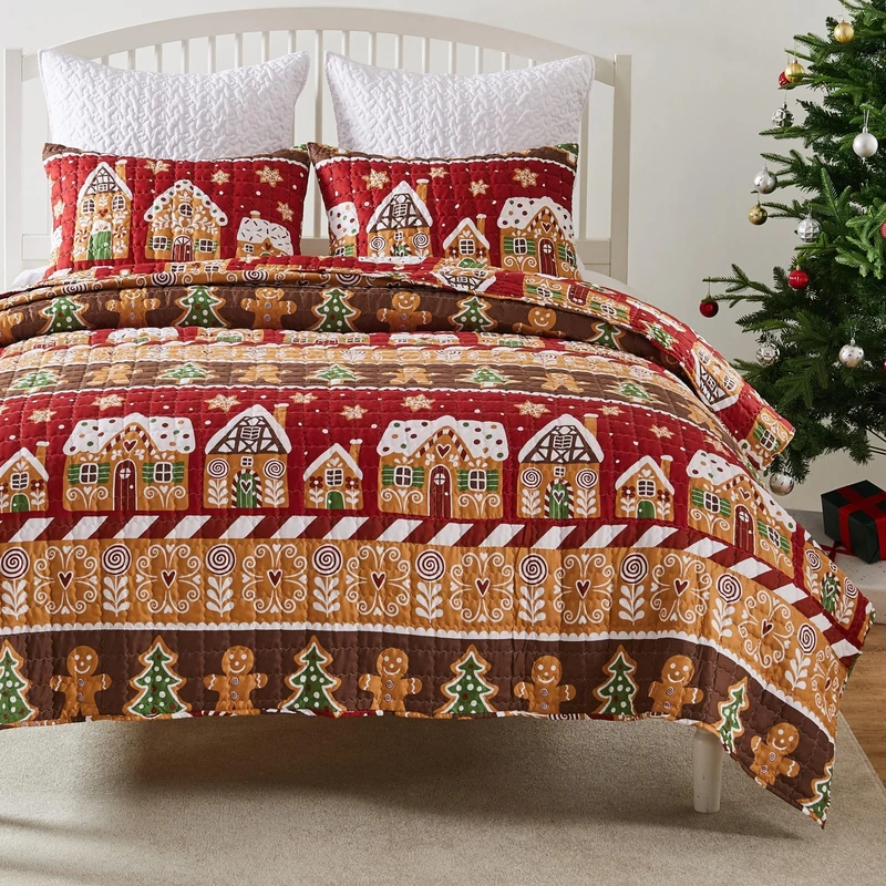 Greenland Home Gingerbread Lane Novelty Holiday Reversible Quilt Set, 2-Piece Twin/XL