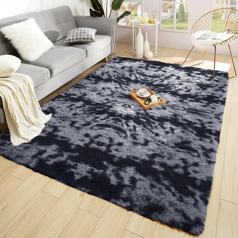 BedLooms Rugs Living Room Large 160x230 cm – Tie-Dye Dark Grey Area Rugs for Bedroom Non Slip – Modern Super Soft Plush Carpets Fluffy Shaggy Rug for Lounge, Dining Room – Non Shedding Bedside Rug