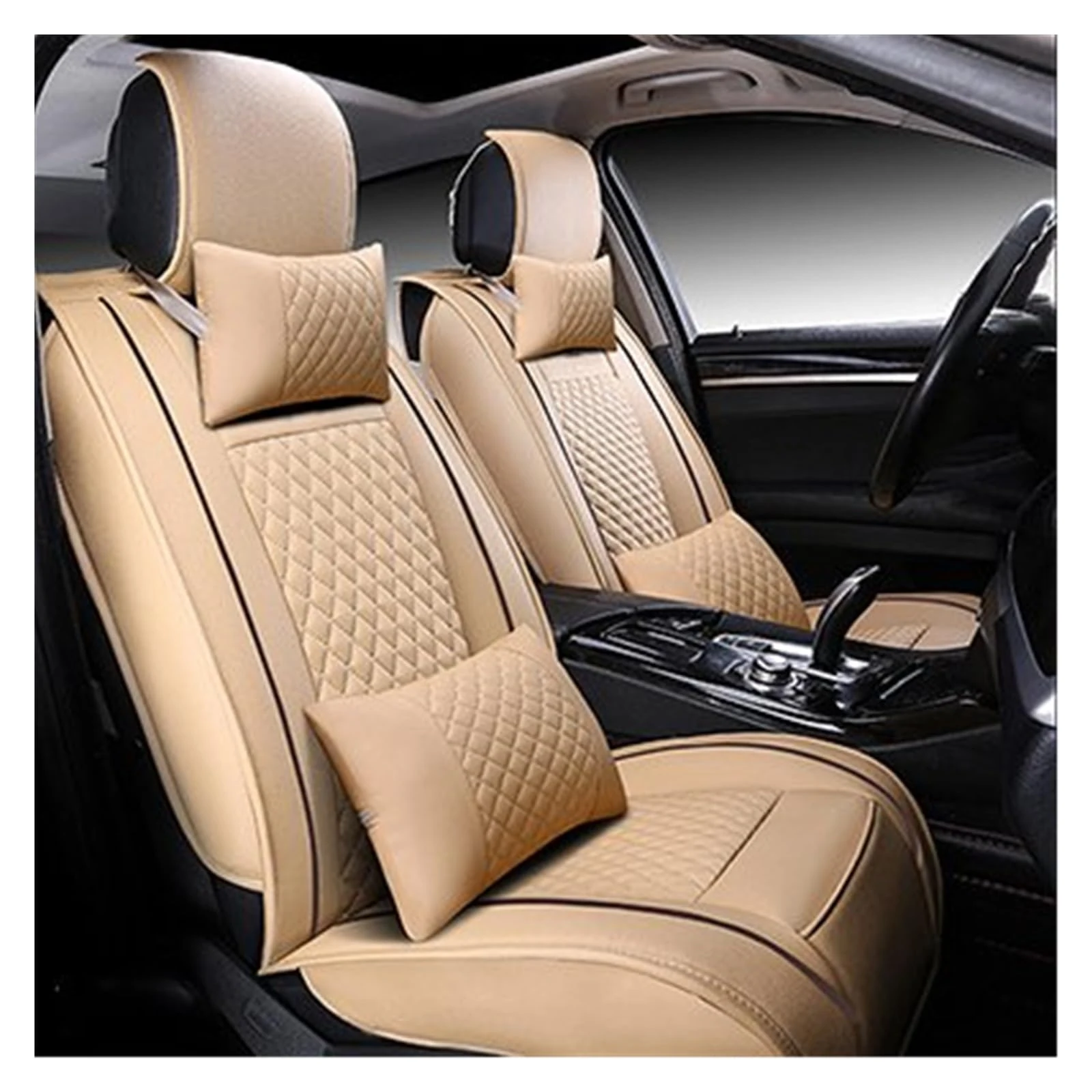 Front And Rear Seat Covers For Ben For S-Class For R-Class For CLA For CLS PU Leather 5 Seat Car Seat Cover Car Accessories Interior Details Car Seat Protector(Beige have pillow)