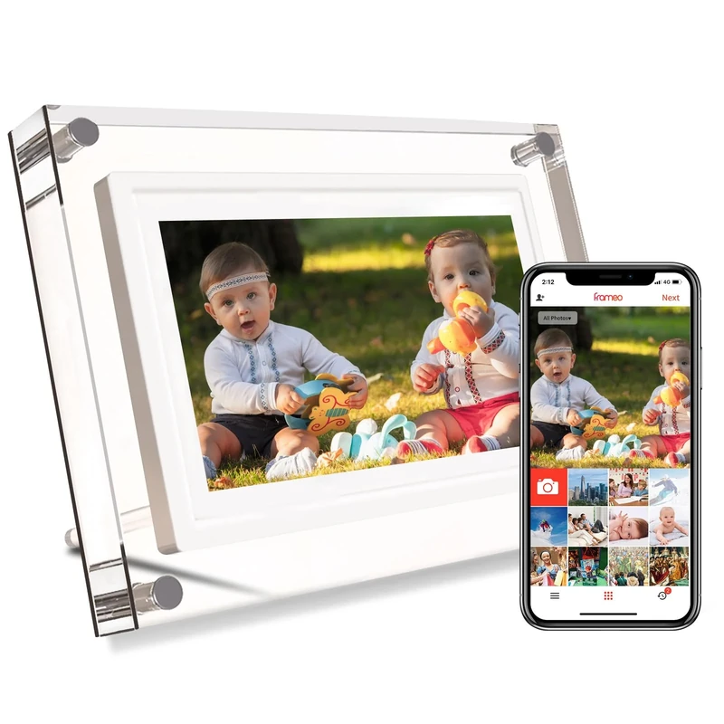 Frameo 7 INCH WiFi Acrylic Digital Photo Frame, 1024 x 600 IPS Screen Digital Photo Frame, 32GB Built-in Memory, Auto Rotate, Share Your Love Anytime, Anywhere