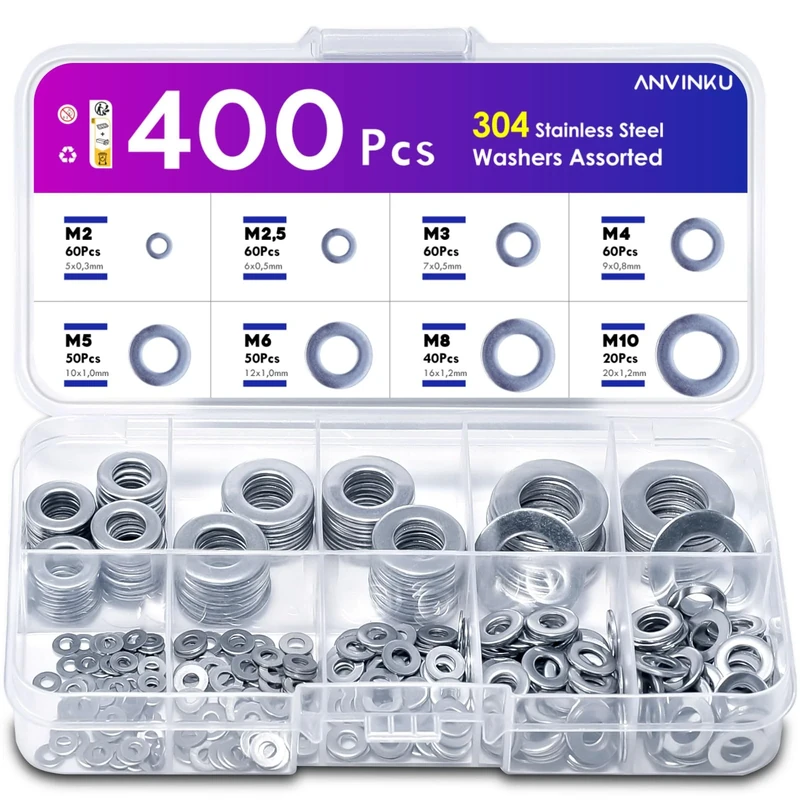 ANVINKU Washers for Screws, 400PCS Stainless Steel Washer for Bolts, 8 Sizes Assorted Washers M2 M2.5 M3 M4 M5 M6 M8 M10, Metal Washer for Repair