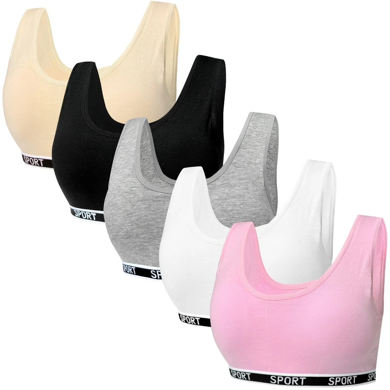 5 Pack Girls Sports Bra Cotton Training Bras U Shape Back Underwear with Removable Bust Pad Teenage Girls Crop Vest for 8-15 Years