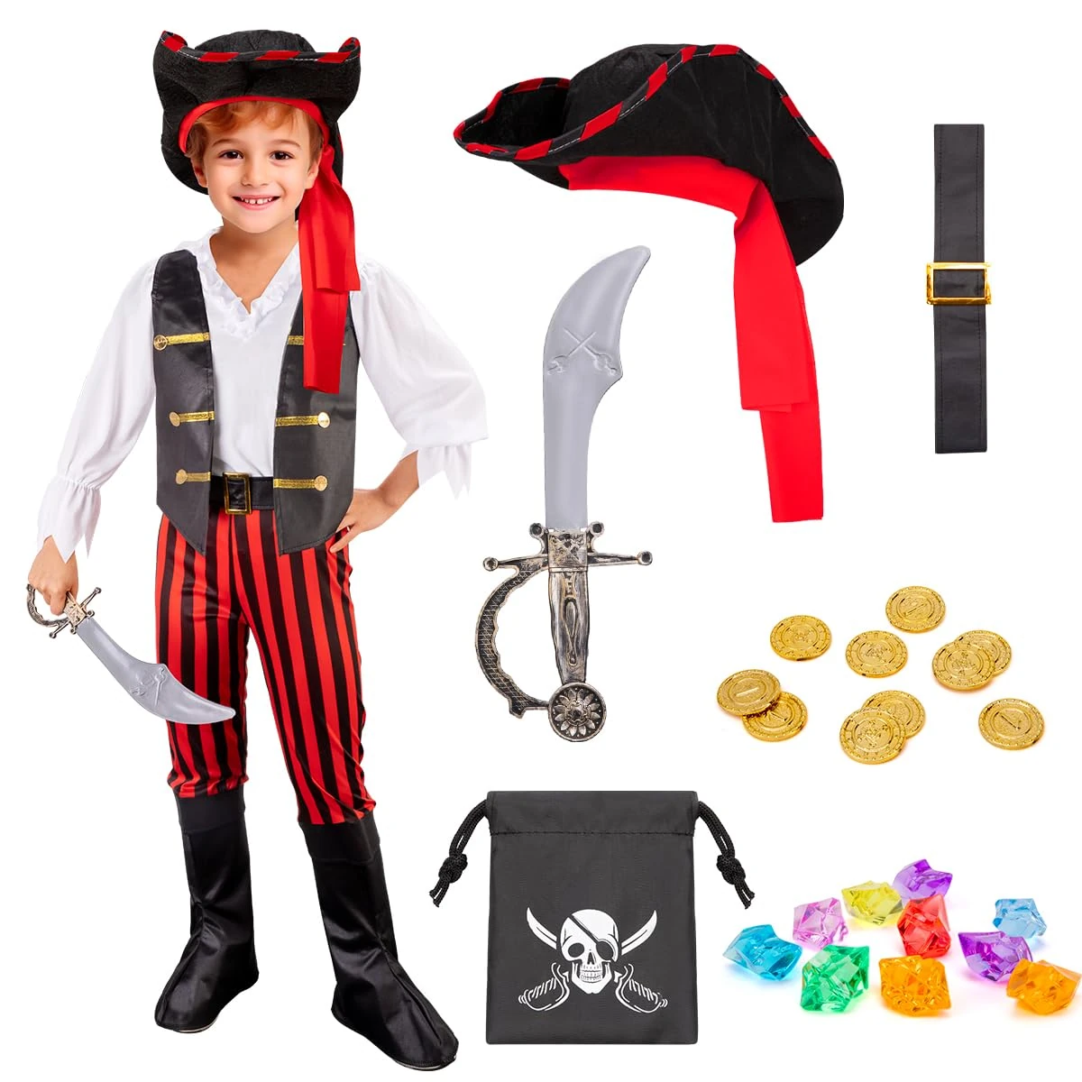 MELAND Pirate Costume Kids, Boys Girls Dress Up with Pirate Hat, Boot-covers for Kids Aged 3 to 10, Fancy Dress for Kids&Toddlers Halloween Costumes (Black, M(5-6 Years))