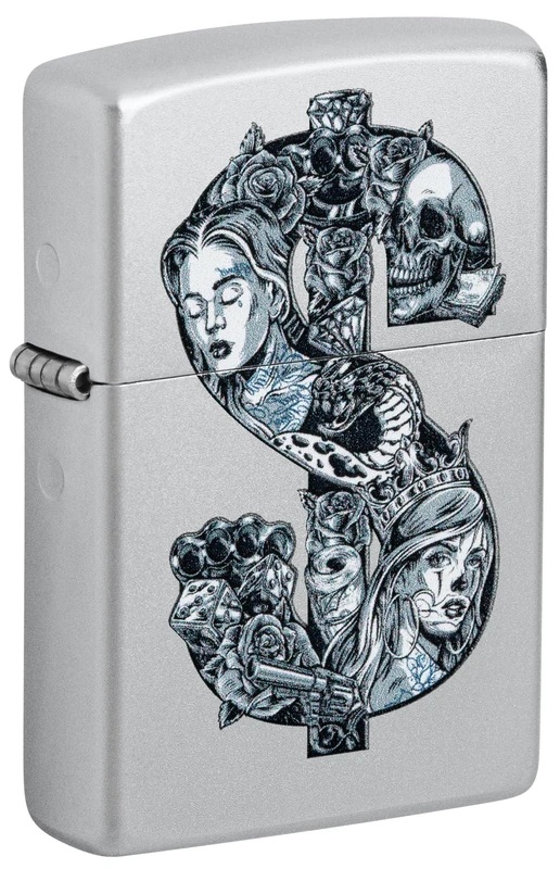 Zippo Tattoo Dollar Storm Lighter, Colorful Printing, Refillable, Windproof Design, Gift Box, Made in USA, Satin Chrome