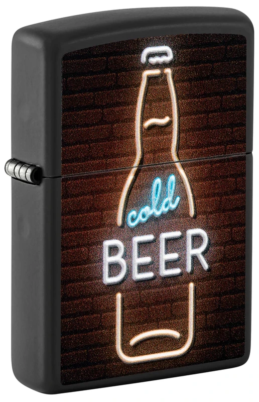 Zippo Lighter: Cold Beer Neon Sign, Raised Print - Black Matte 46112