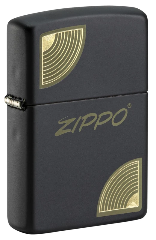 Zippo Windproof Lighter, Logo Script Corners Design – Matt Black, Laser-Engraved/Auto-Engraved – Refillable, Reusable, Windproof Design – Comes in Gift Box – Made in USA
