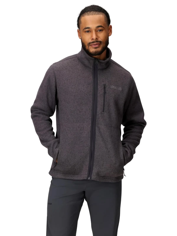 Marmot Men's Drop Line Jacket, Warm Fleece Jacket, Full Zip Jacket, Breathable, Wind Resistant Body Warmer, packable, ideal for hiking & ski layering, Black Heather, M