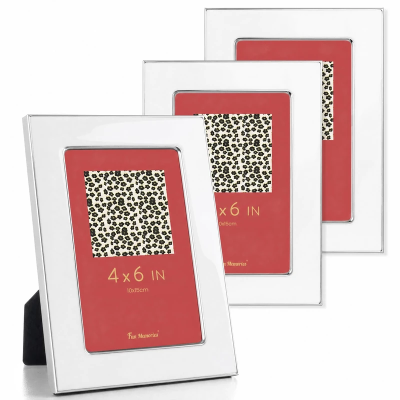 Fun Memories 4x6 Picture Frame - 3pcs White Enamel Glass Photo Frame with Silver Metal Edge & Easel for Display Picture Frame on Countertops, Tabletops, Bookshelves, Desks, Walls (White/Silver)