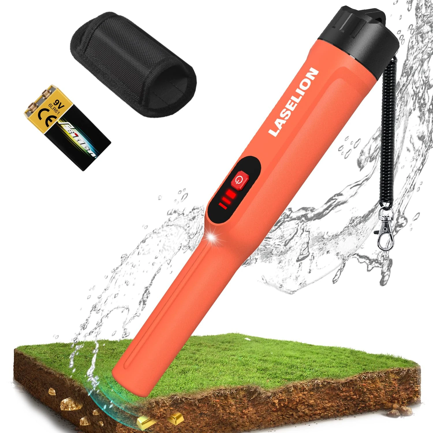 LASELION Metal Detector Pinpointer, Professional IP68 Fully Waterproof 360°Detection Handheld Pin Pointer Wand, Search Treasure Pinpointing Finder Probe with 9V Battery for Adults, Kids - Orange