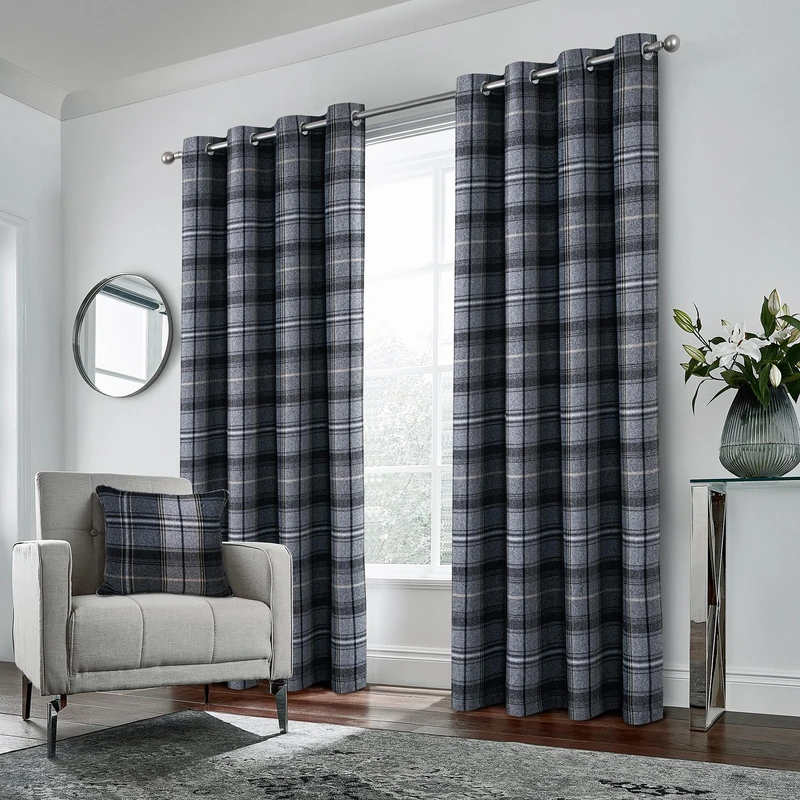 always4u Wool Look Curtains, Checked, Modern Window Panels, Plaid in Black-Gray, for Living Room and Bedroom, 2 Panels, Black-Gray, 44.9 x 84 inches