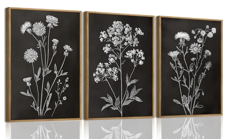 KISSFOX Framed Floral Botanical Canvas Wall Art Vintage Black Background Plant Poster Prints Set of 3 Grey and White Wildflower Painting Modern Farmhouse Decor Pictures Living Room Bathroom Bedroom