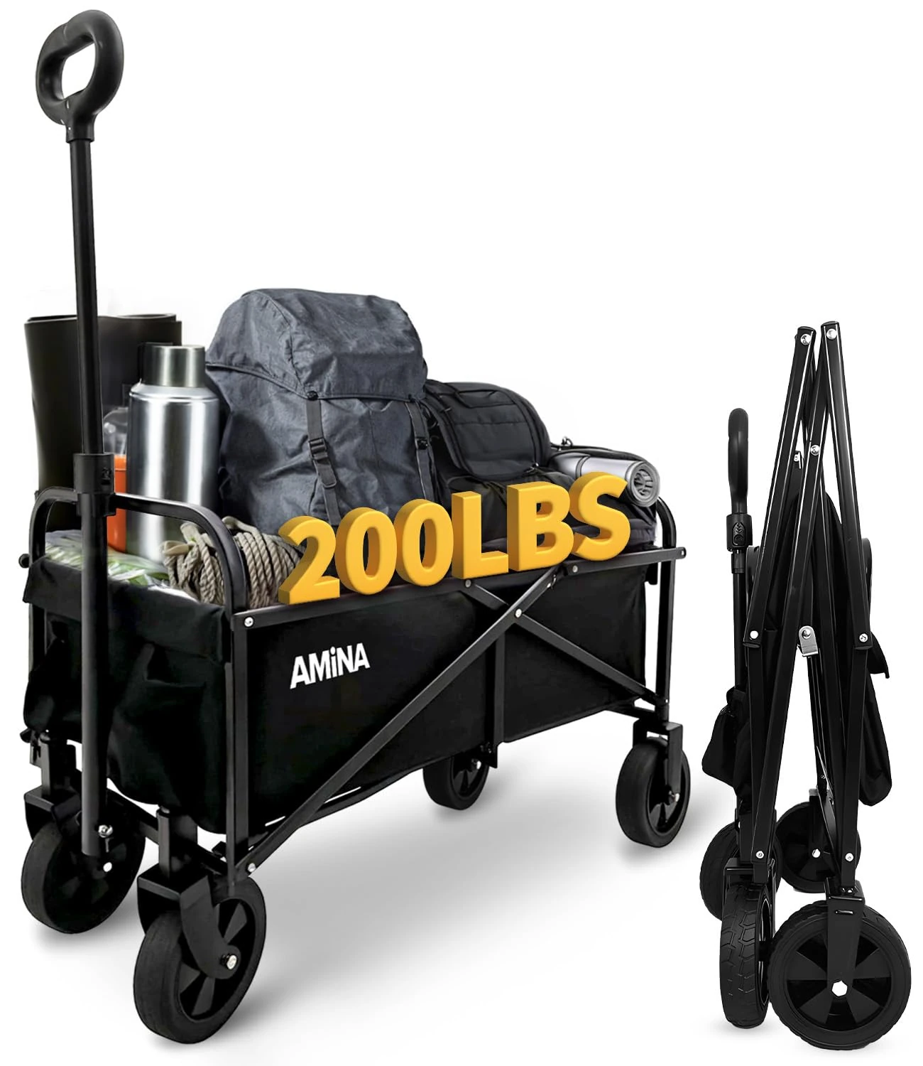 AMiNA Wagons Carts Foldable - Collapsible Wagon Lightweight, Water-Resistant Carts with Wheels, Folding Wagon 200 lbs Weight Capacity for Sports, Camping, Beach Wagon Cart, Utility Cart Wagon - Black