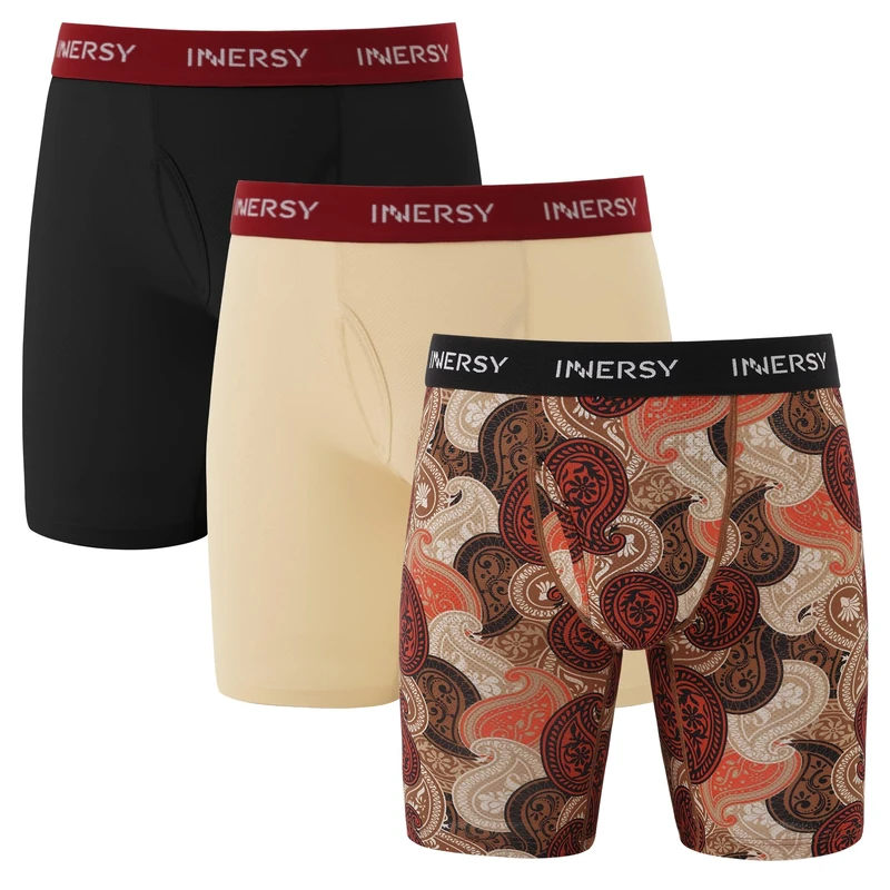 INENRSY Anti Chafing Underwear Mens Long Leg Boxer Shorts Hiking Underpants with Fly Multipack 3 (XL, Black/Paisley Pattern/Cream)
