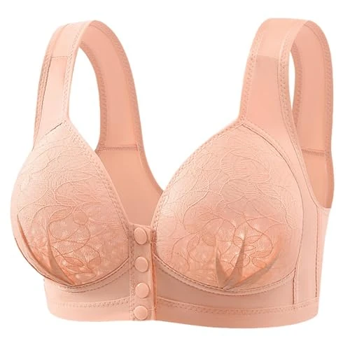 Gaexia Daisy Bras for Older Women Front Closure Push Up Bras for Women No Underwire Plus Size Front Button Sports Bras, Pink-14, (38) B/C