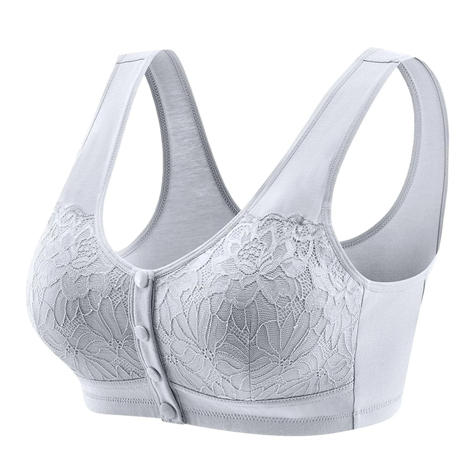 Gaexia Daisy Bras for Older Women Front Closure Push Up Bras for Women No Underwire Plus Size Front Button Sports Bras, Light grey-2, (36) B/C