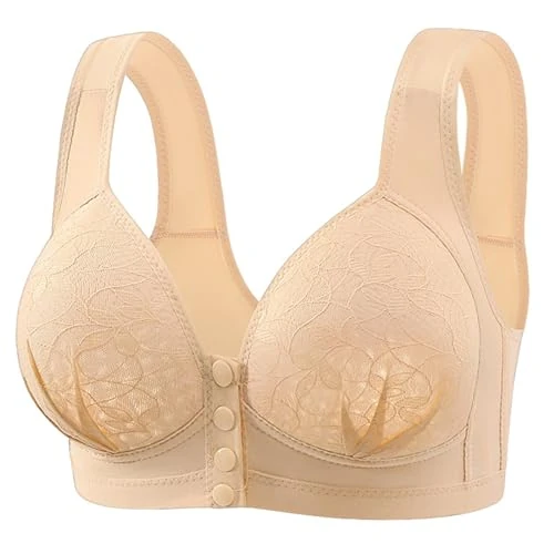 Gaexia Daisy Bras for Older Women Front Closure Push Up Bras for Women No Underwire Plus Size Front Button Sports Bras, Beige10, (38) B/C