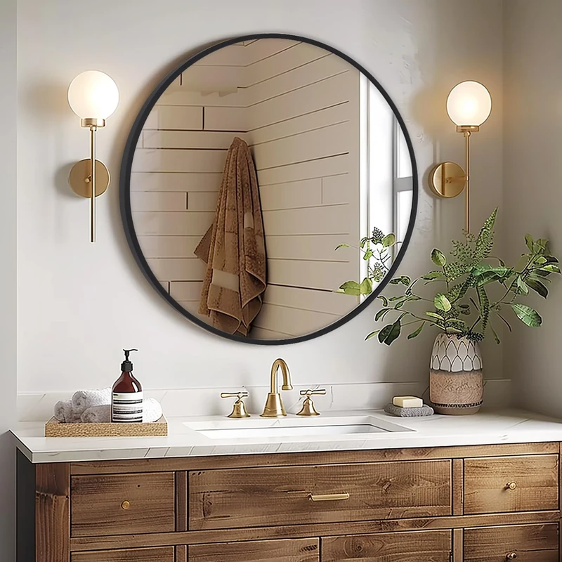Melodieux Round Wall Mirror 60cm Black Circle Hanging Mirror Home Decorative Wall Mounted Vanity Mirror for Bathroom Living Room Hallway