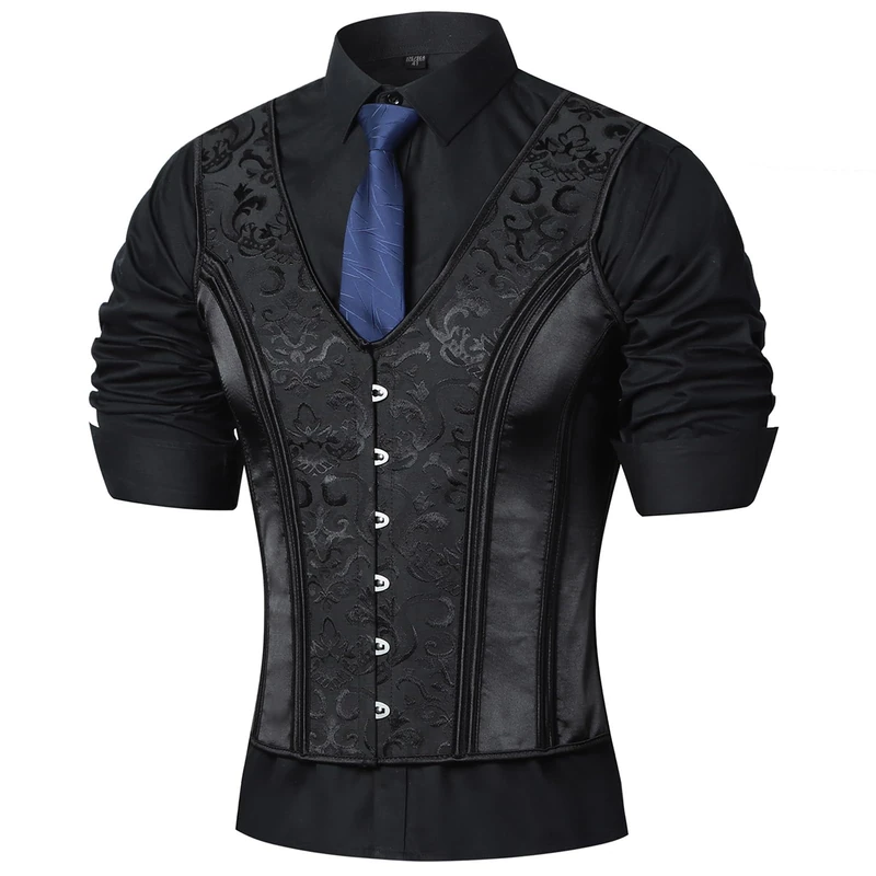 HUAMYTH Men Dress Waistcoat Vintage Corset Vest Lace Up Boned Black Formal Tops Wedding Stage, Black, Medium