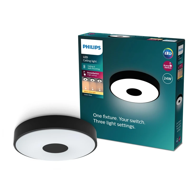 PHILIPS Coiner Ceiling SceneSwitch, Round, 24W, 2700Lm, 2700K, Black, IP20