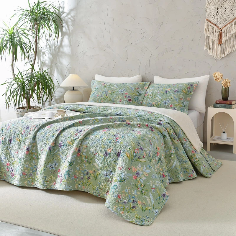Sanracie Cotton Quilt Queen Size(90"x98")-Green Floral Quilted Bedspreads Set,3pcs Green Flower Bird Butterfly Print Botanical Quilt Bedding Coverlet Summer Soft Lightweight Aesthetic Bedding