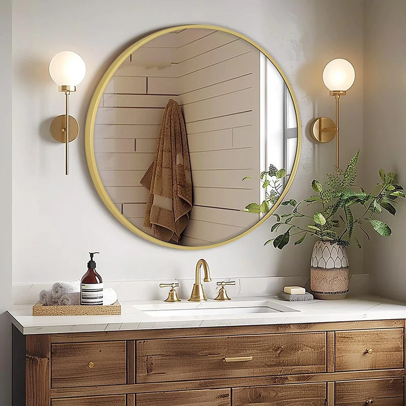 Melodieux Round Wall Mirror 76cm Gold Circle Hanging Wall Mirror Home Decorative Wall Mounted Vanity Mirror for Bathroom Living Room Hallway