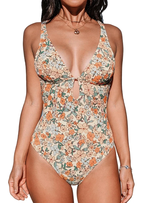 CUPSHE Tummy-Control Swimsuit - Deep V Neck, O-Ring, Apricot Floral