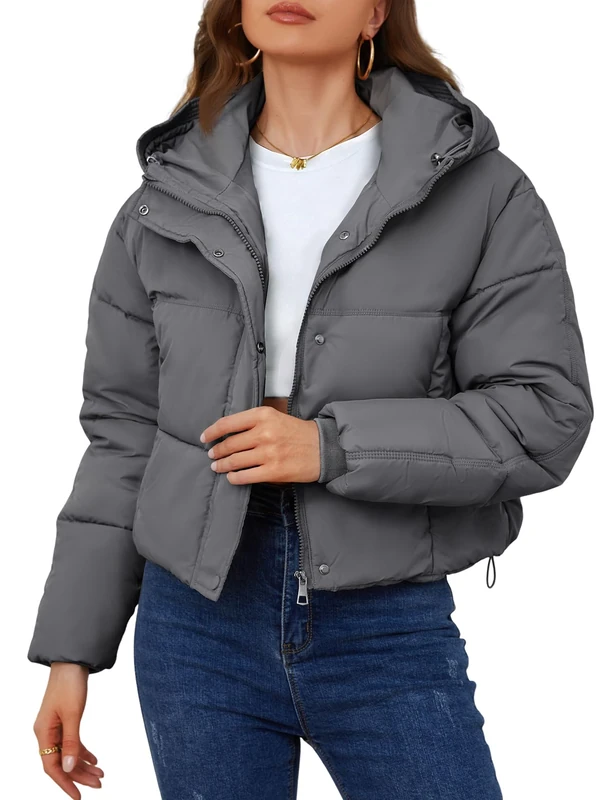 Yimoon Womens Winter Cropped Puffer Jacket Hooded Zip Up Short Warm Quilted Puffer Coat Outerwear, Darkgrey, L