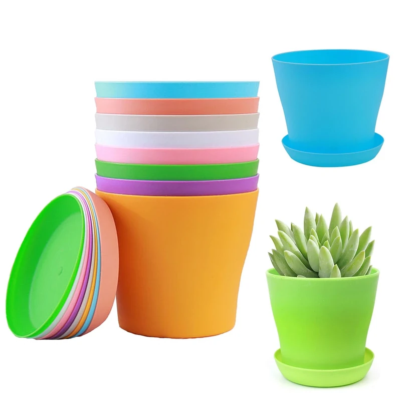10 Pcs Plastic Planters Pots, 8 Colours Mini Flower Seedlings Pots with Drainage Hole and Saucer, Classic Indoor Outdoor Plant Pots for Orchid, Lily, Spider Plant, Snake Plant and All House Plants