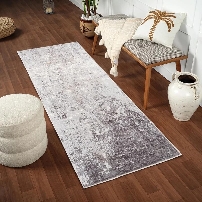 Livabliss Bangkok Abstract Runner Rug, Modern Marble Design, Grey White Charcoal, 80x220 cm, Medium Pile