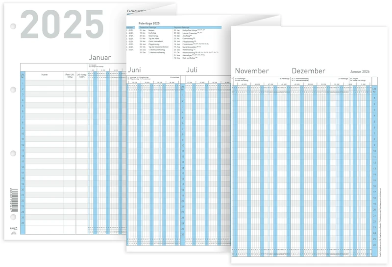 RNKVERLAG 2910/25-10 Holiday Planner Employee 2025, 10 Calendars 1000 x 297 mm, with Holiday Dates, Legal and Regional Holidays, for up to 26 Employees, Folded to DIN A4
