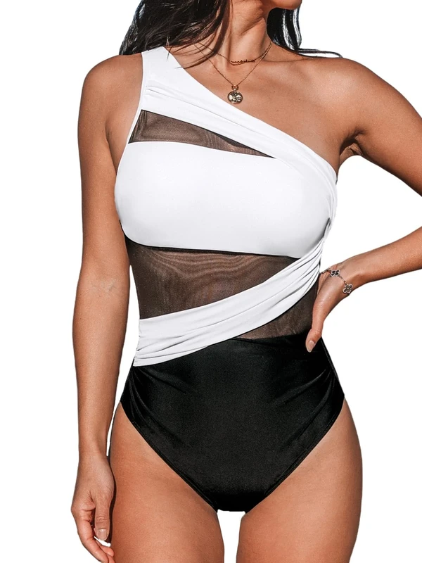 CUPSHE Women's One Piece Swimsuit Tummy Control Swimming Costume Ruched Asymmetric Neck One Shoulder Strap Mesh Swimwear Black/White XS