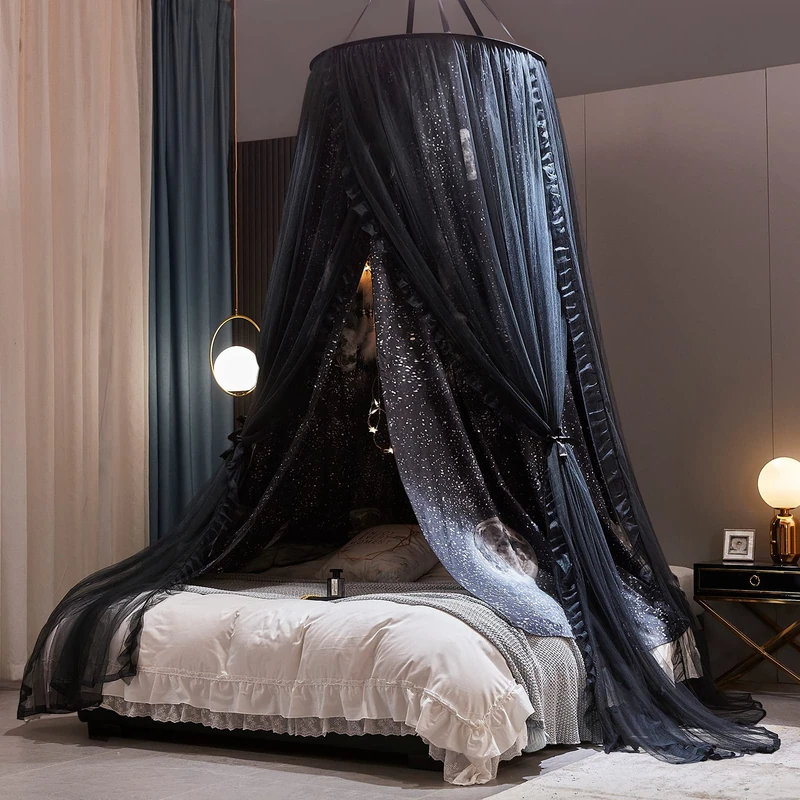 Kertnic Gorgeous Moon Printed Bed Canopy for Girls & Adults, Room Decorative Cozy Bed Curtain Canopy Drapes, Round Dome Luxurious Lace Princess Canopies Mosquito Netting (Print Moon) - Image 1