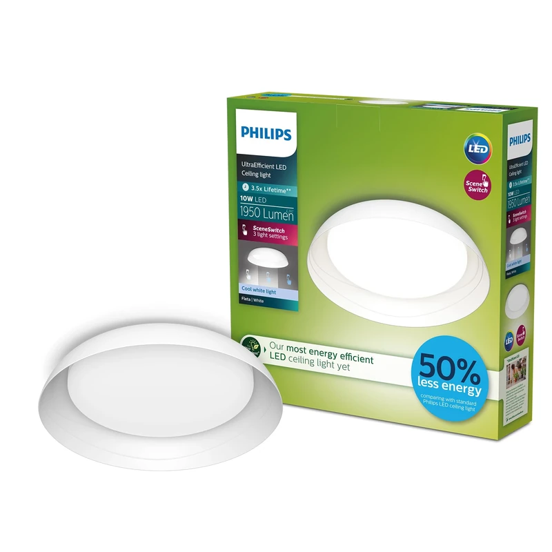 PHILIPS Fleta LED Ceiling Light, UltraEfficient Ceiling Lamp, SceneSwitch, 10W, 1850lm, 4000K Cool White Light, IP20, White
