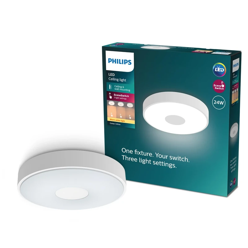 Philips Coiner LED Ceiling Light, SceneSwitch, 24W, 2800lm, 2700K Warm White Light, EyeComfort, Dimmable Ceiling Lamp, IP20, Round, White