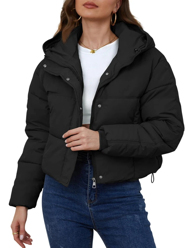 Yimoon Women's Cropped Puffer Jacket Hooded Zip Up Quilted Short Padded Coat Lightweight Winter Warm Outwear, Black, XL