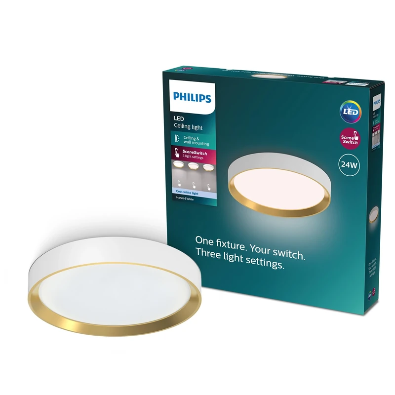 PHILIPS Hanno LED Ceiling Light with SceneSwitch, 24W, Dimmable Ceiling Lamp, 2800lm, Warm White Light 2700K, EyeComfort, Easy to Install, IP20, White