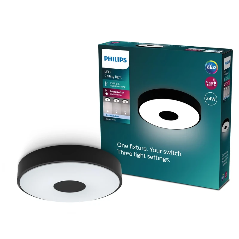 PHILIPS Coiner Ceiling SceneSwitch, Round, 24W, 2800Lm, 4000K, Black, IP20