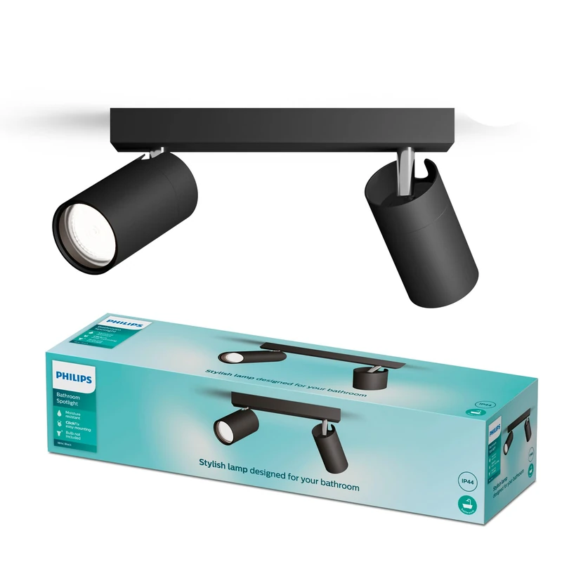 PHILIPS Idris 2-Head spot, GU10 lamp not Included, Black, IP44, Water-Resistant - Image 1