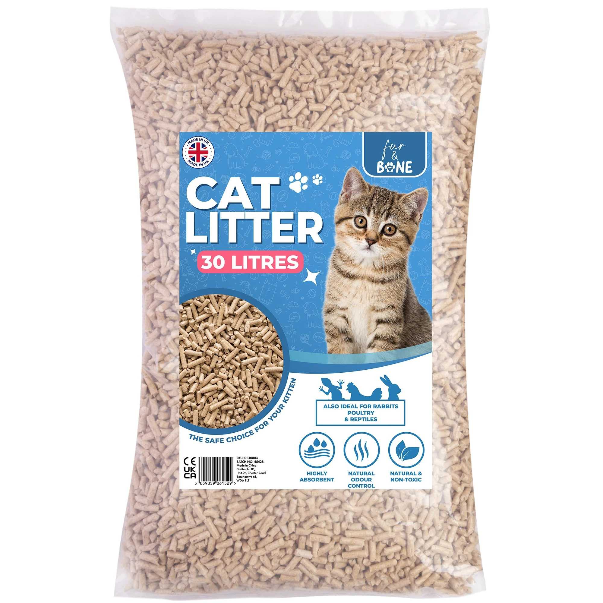 Fur & Bone 1 x 30L Cat Litter - Ultra Absorbent Biodegradable Wooden Pellets, Natural Scent, Odour Control, Soft Bedding for Comfort, Made from Virgin Wood - Scandinavian Timber Aroma