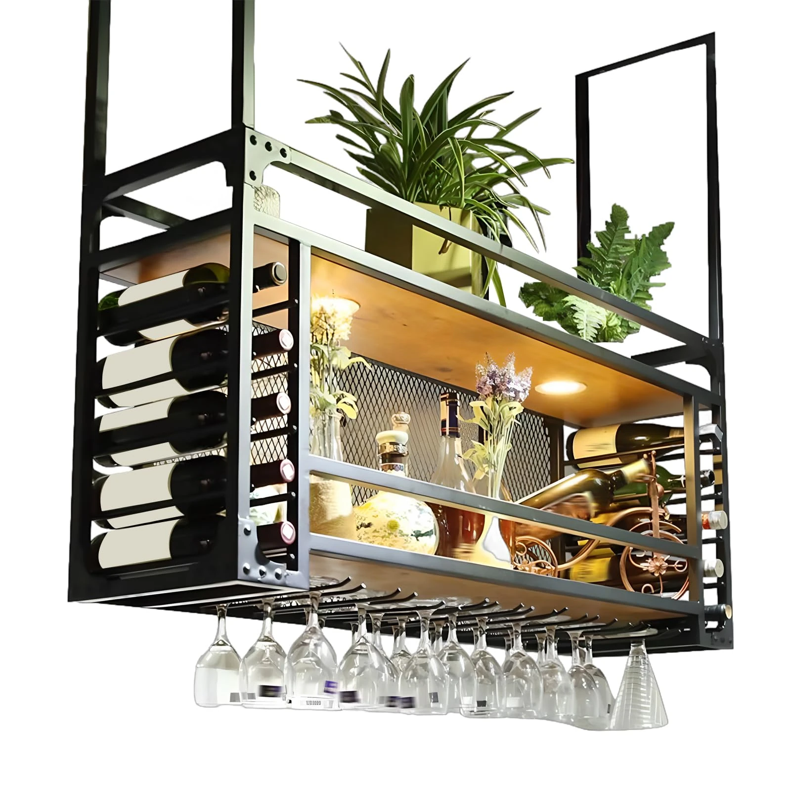 SPTZQURY Wine Rack Wall Mounted with Glass Holder, Ceiling Wine Glass Rack, 2 layer Black Industrial Metal Hanging Ceiling Shelf with Guardrails, for Bar, Kitchen, Cafe, Restaurant (black, 160cm)