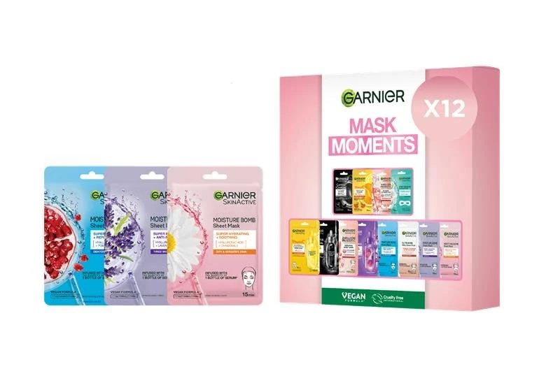 Garnier Skincare Gift Set, 12 Maskmas Giftset, Hydrating Sheet Mask Set For Dehydrated, Dull and Tired Skin, Face & Eyes with Hyaluronic Acid & Glycerin, Cruelty Free & Vegan (Pack of 12 Masks)