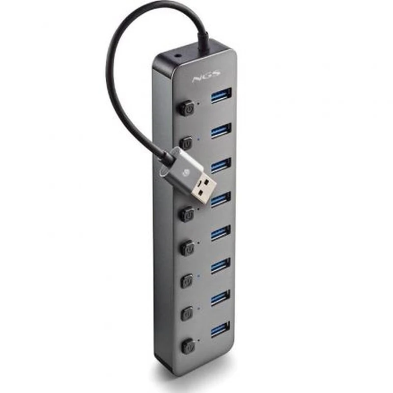 NGS IHUB 8 - USB 3.0 Hub with 8 Ports, Independent Switch, 5 Gbps Transfer Speed, 5 V/3 A Power Supply, Compatible with PC/Mac, Compact Design, Plug and Play