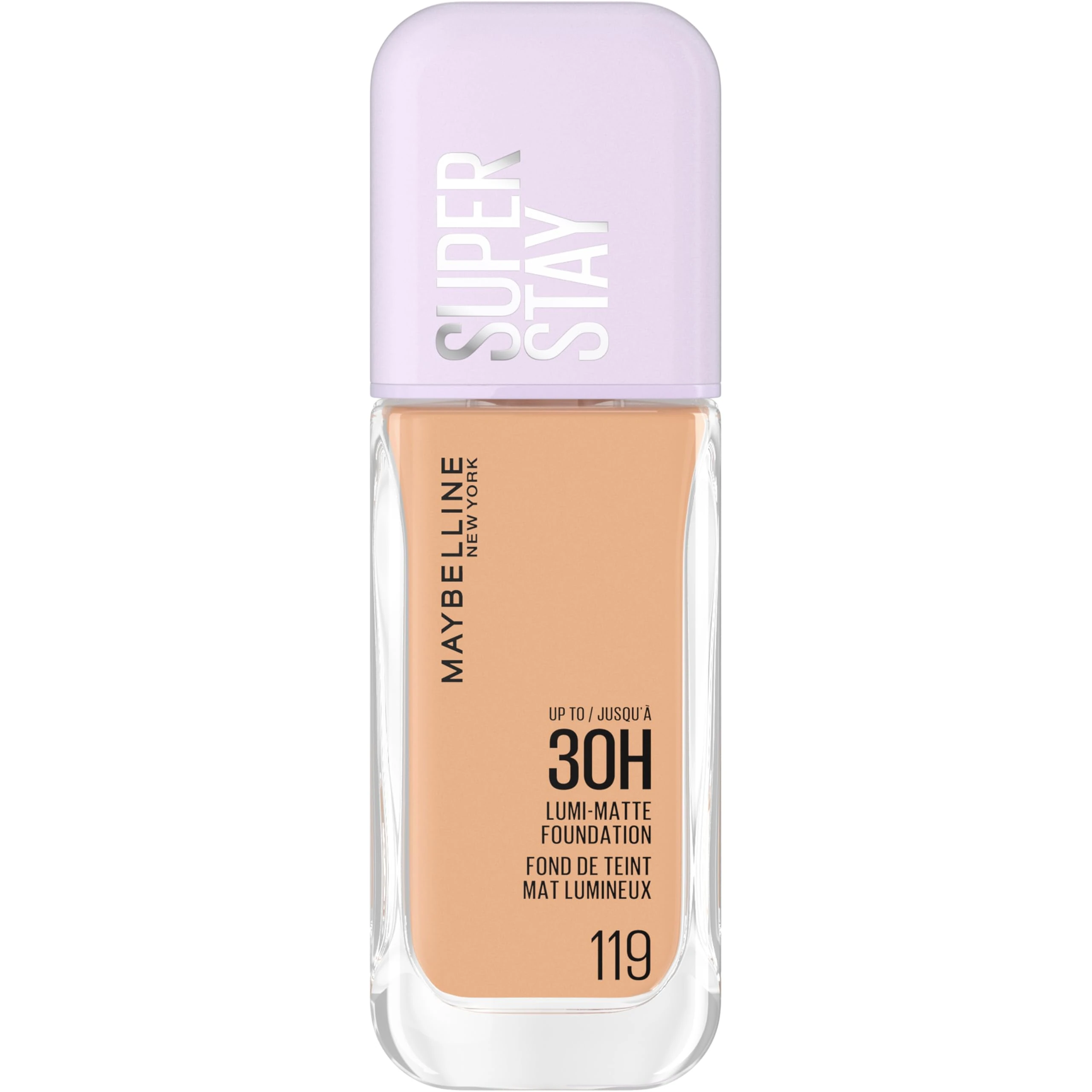 Maybelline New York Super Stay up to 30HR Lumi-Matte Foundation, Medium-Full Coverage, Vegan Formula*, Amino Acids, Niacinamide, Vitamin E, All Day Wear - Shade: 119
