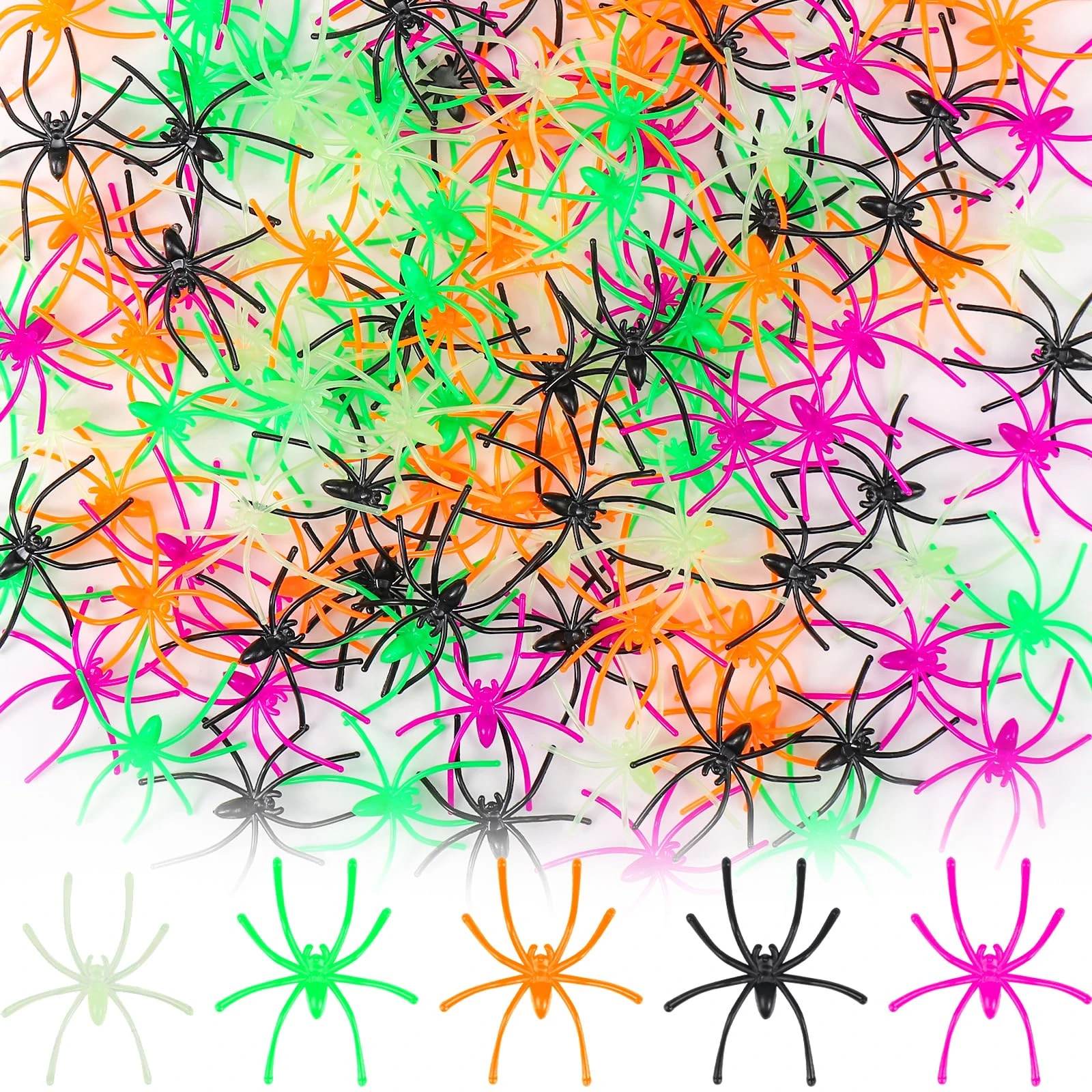 WIURGOHA 200 Pieces Halloween Realistic Plastic Spiders 5 Colors Small Spider Toys Black Fake Spiders Prank Props for Halloween Home and Party Decorations