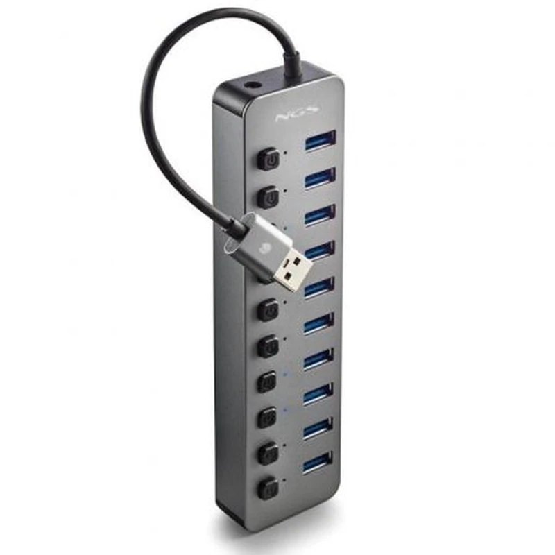 NGS IHUB 10 - USB 3.0 Hub with 10 Ports, Independent Switch, 5 Gbps Transfer Speed, 12 V/4 A Power Supply, Compatible with PC/Mac, Compact Design, Plug and Play