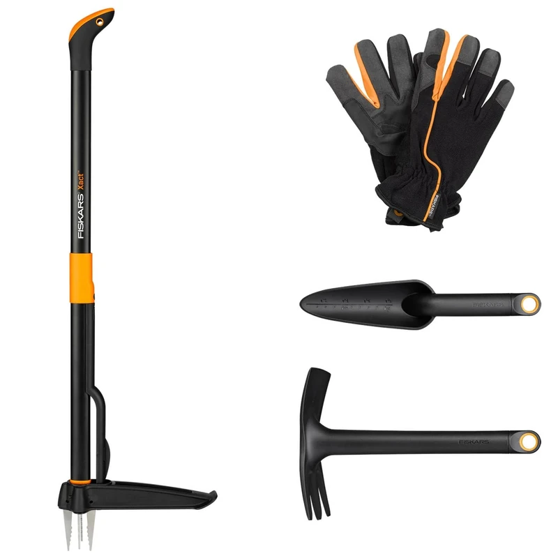 Fiskars garden tool set, 4-piece, Xact weeder, stainless steel/plastic, Solid combination hoe and trowel, FiberComp, garden work gloves, size: 10, black/orange, 1077308